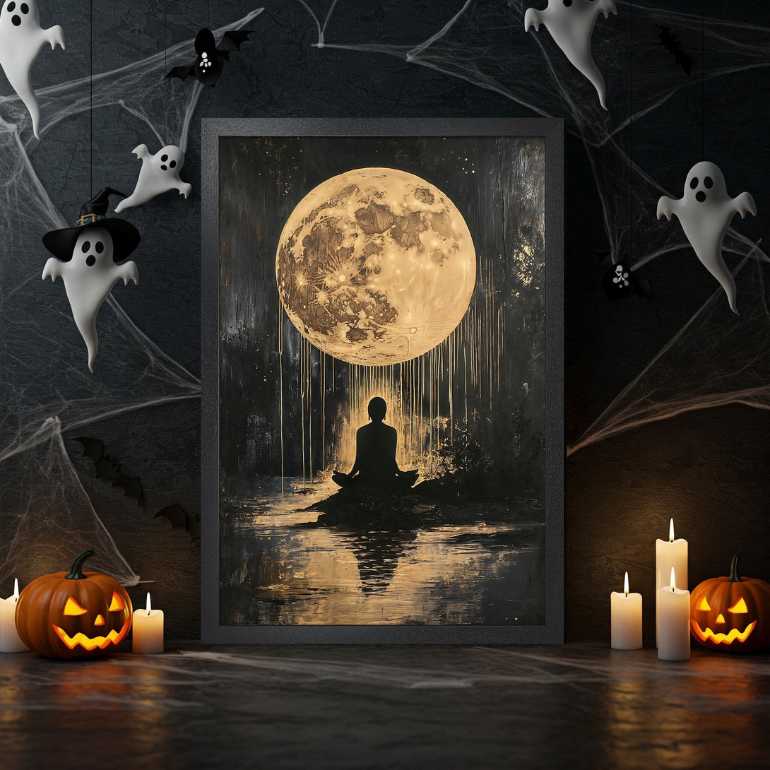 Framed Poster of a serene figure under a moonlit sky, artistic style with dark, gold, and white tones. Perfect Halloween decor!