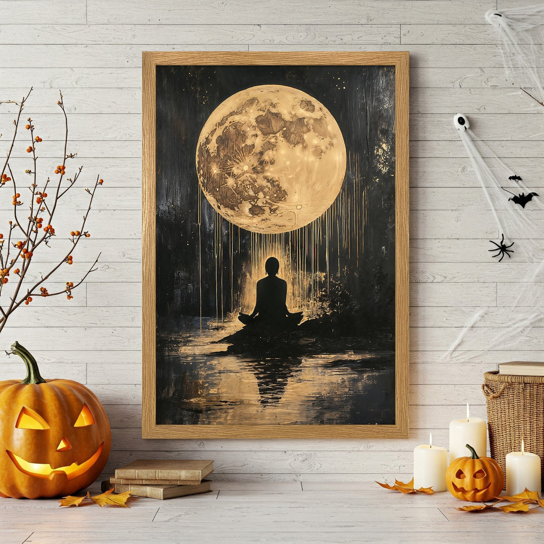 Framed Poster featuring a meditating figure under a moon, in a dark, artistic style with a gold and black color palette. Perfect wall art.