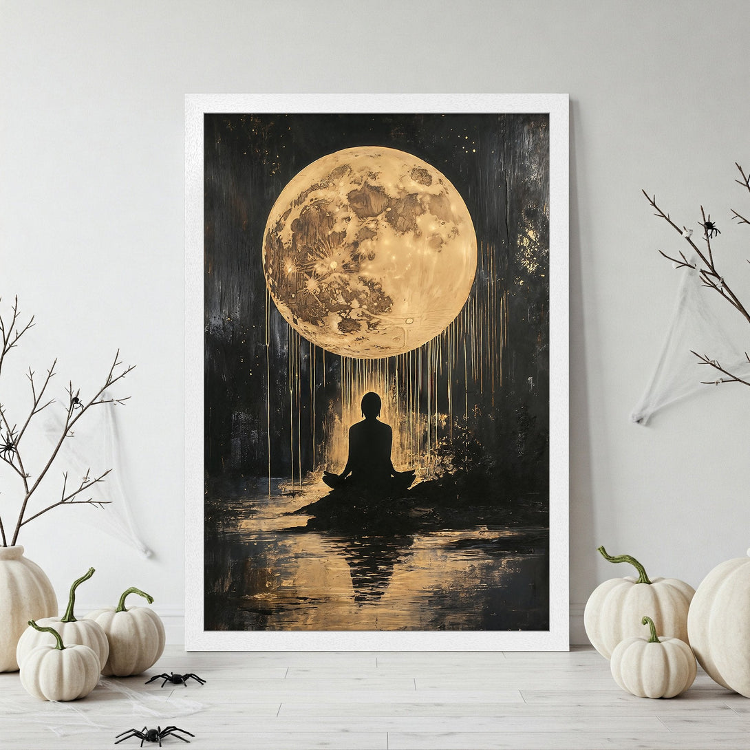 Framed Poster: Meditating figure under a glowing moon. Abstract art style with a dark, gold, and white color palette. Perfect wall decor!