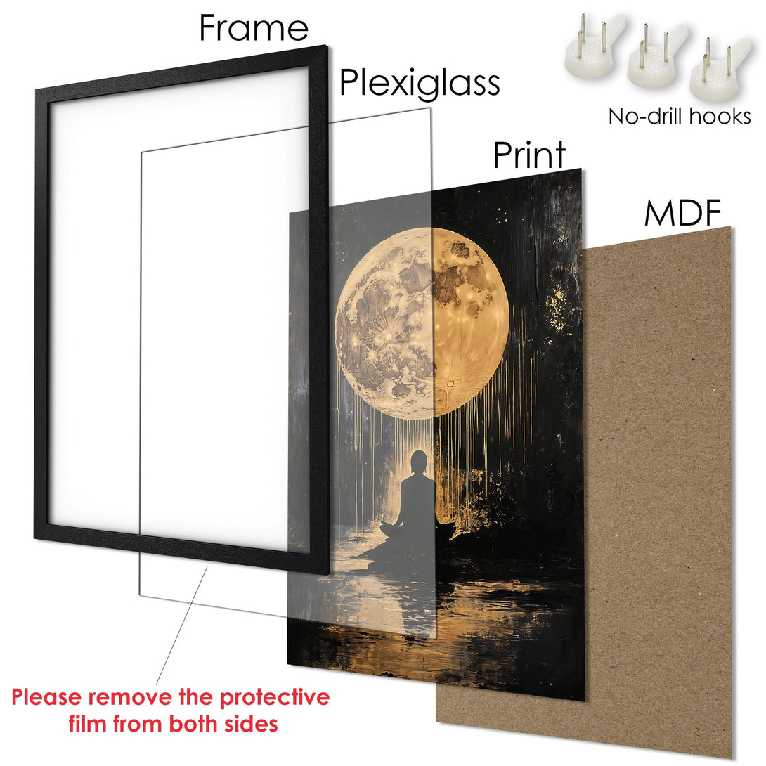 Framed Poster featuring a serene moonlit scene. Artistic style with black, gold, and white color palette. Perfect wall decor.