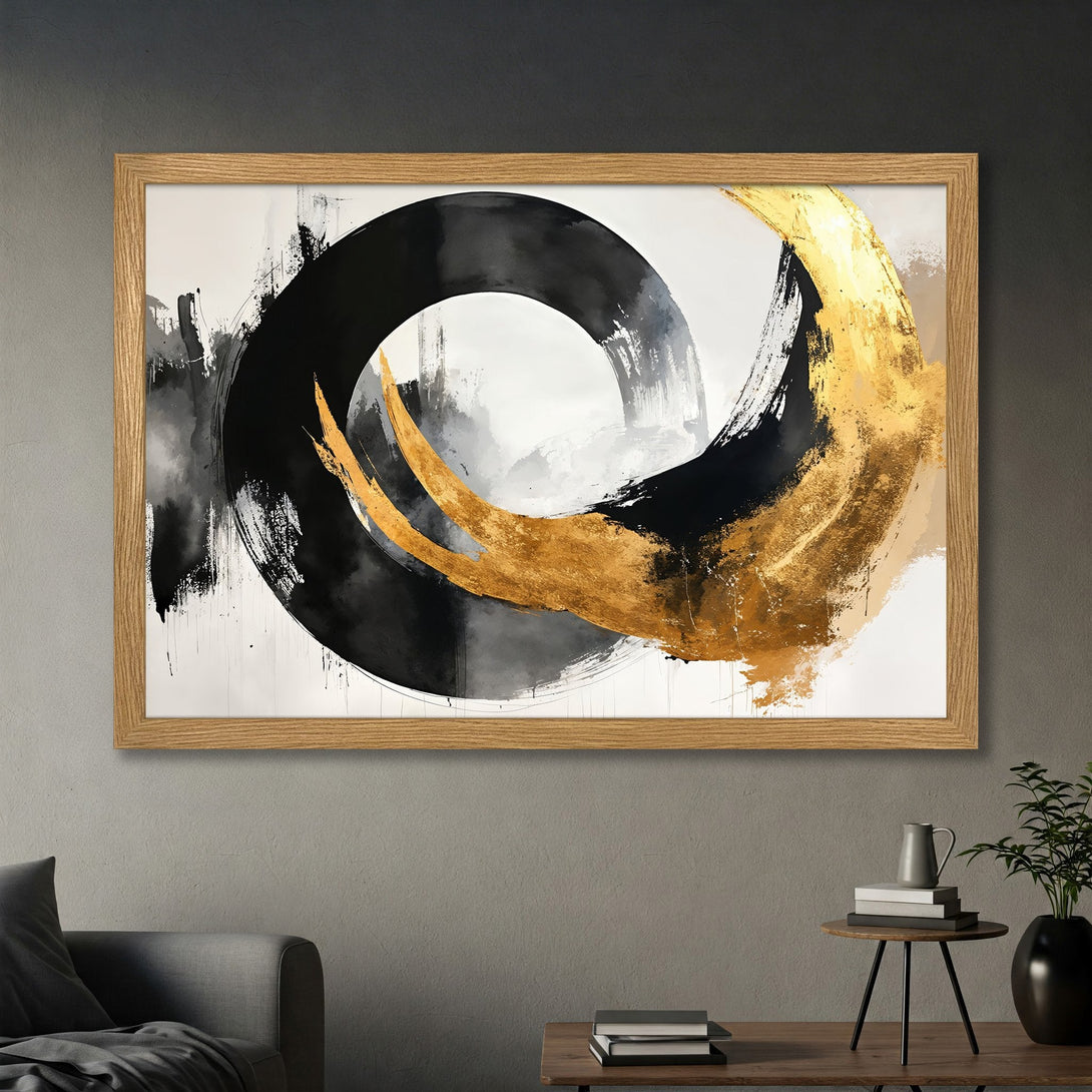 Framed Poster featuring abstract gold, black, and white brushstrokes. Modern art print for home decor.