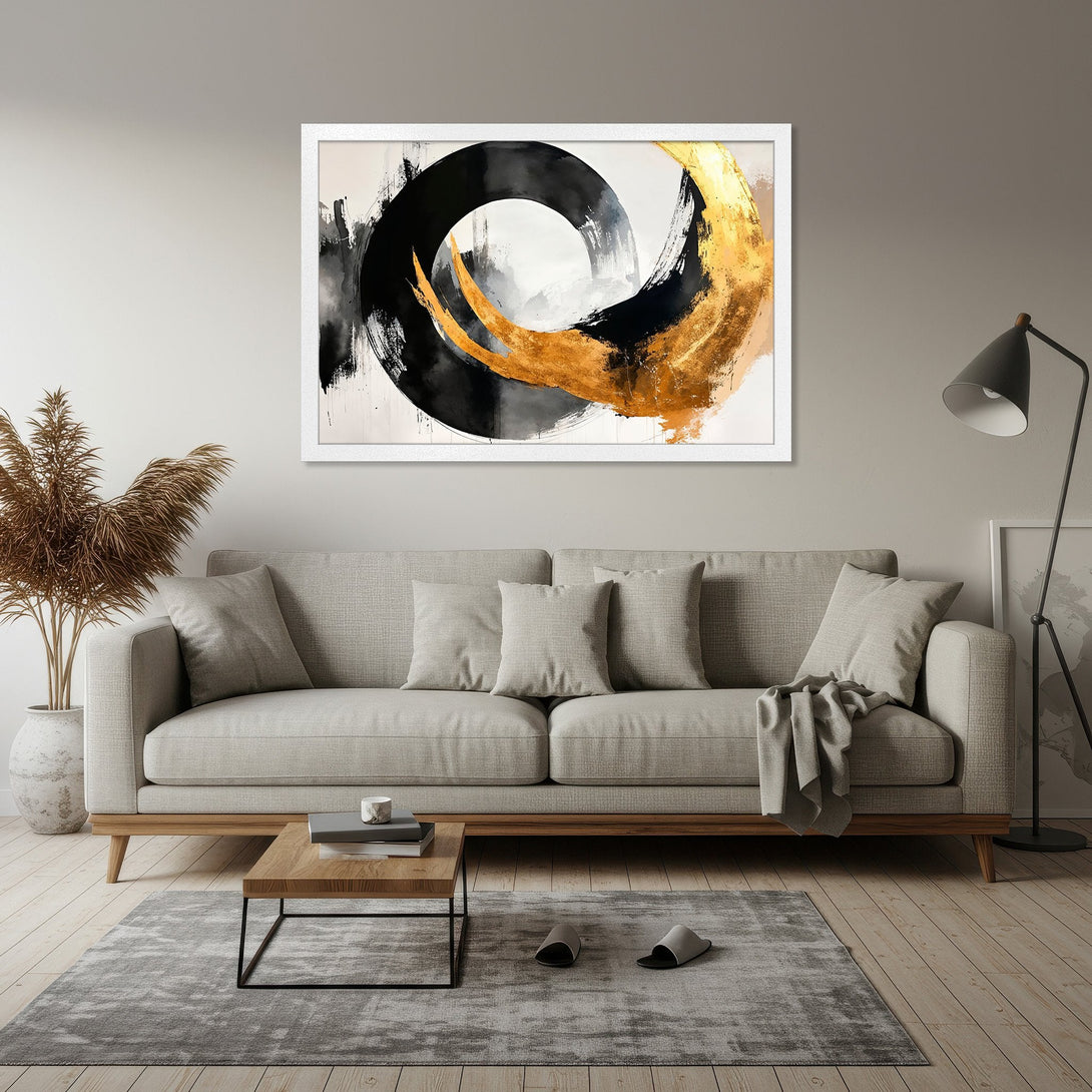 Framed Poster featuring abstract black, gold, and white brushstrokes. Modern art print with a neutral color palette, perfect for home decor.