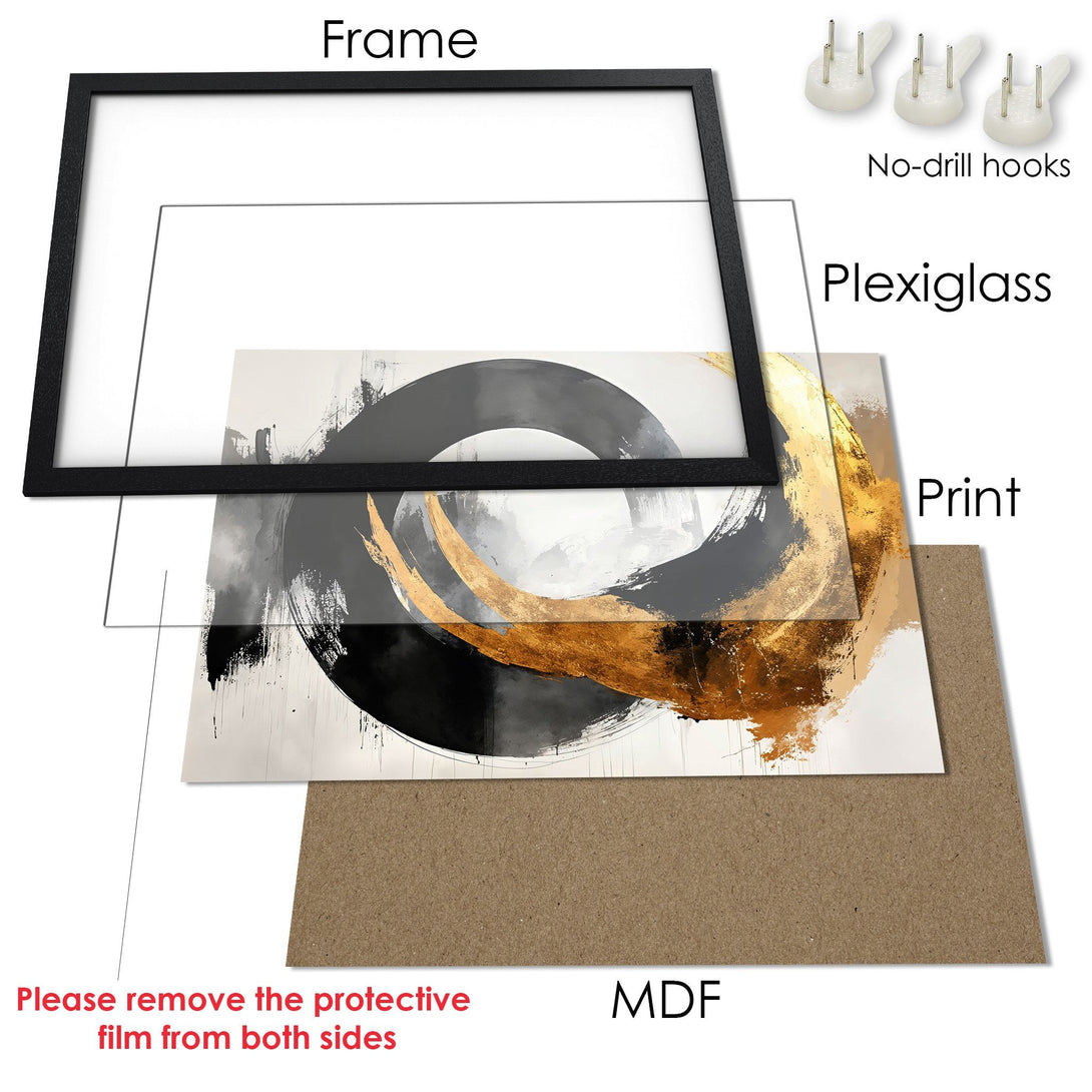 Framed Poster featuring abstract art in black, gold, and neutral tones. Modern wall art for your home.