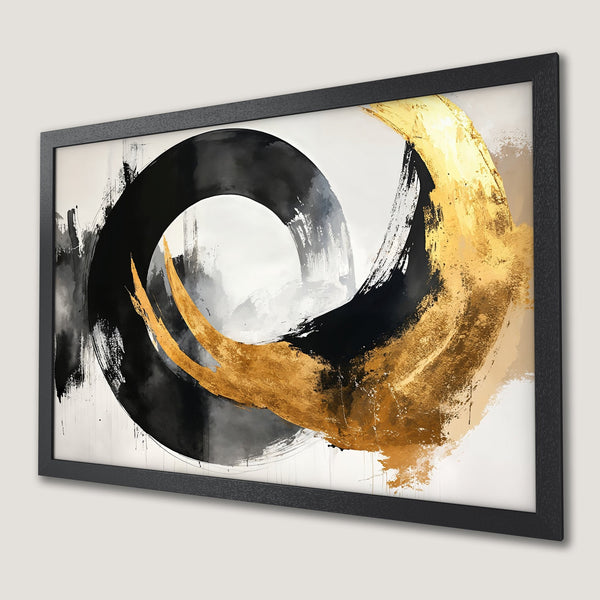Framed Poster featuring abstract brushstrokes in black, gold, and neutral tones. Modern art print for your home decor.