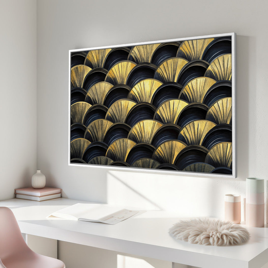 Framed Wall Art featuring an Art Deco design in gold and black, perfect for adding a touch of luxury to your home decor.