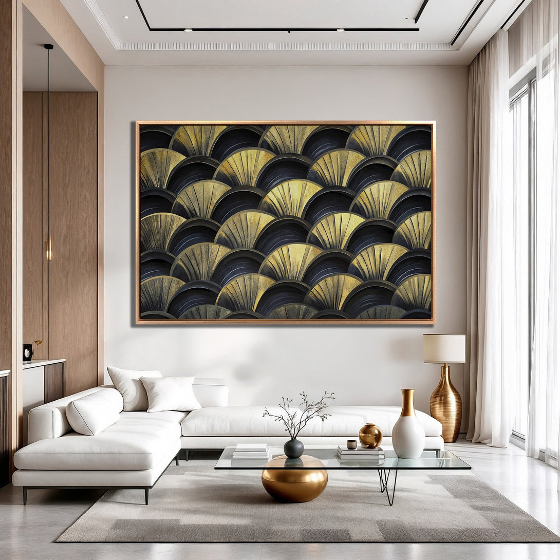 Framed Wall Art featuring a geometric art deco design in gold and black, displayed in a modern living room with neutral tones.