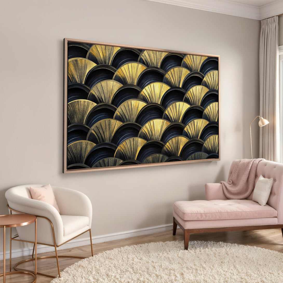 Framed Wall Art: Abstract gold and black pattern Canvas Print. Modern art deco style with a neutral and warm color palette, perfect for home decor.