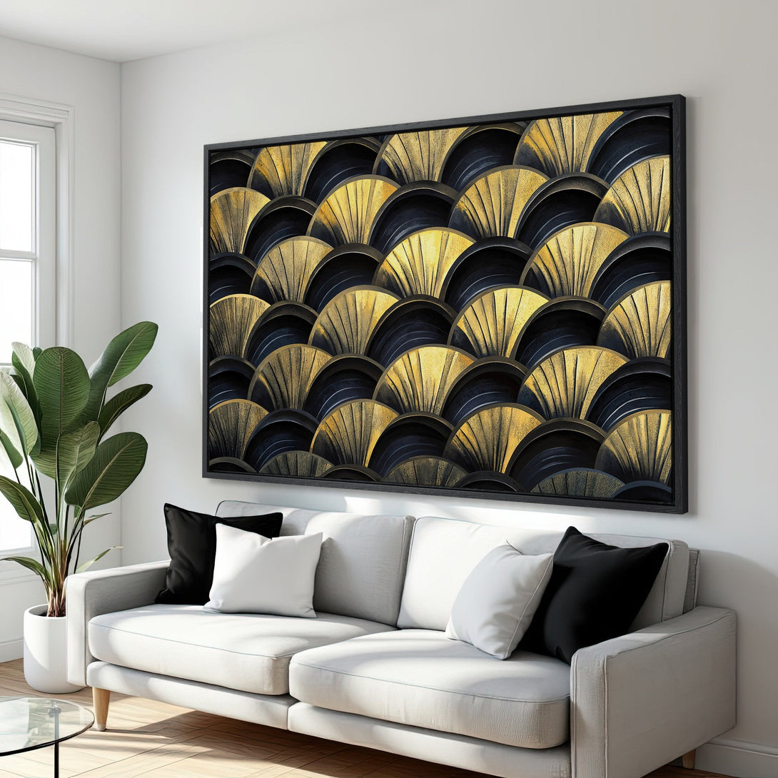 Framed Wall Art: Art Deco gold and black geometric pattern canvas print. Elevate your space with this stylish and modern art piece.