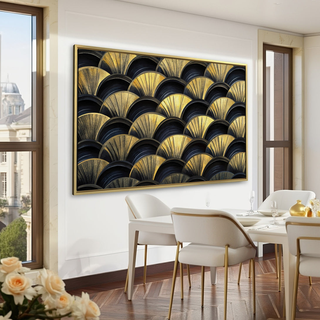 Canvas Print: Art Deco fan design in gold and black, displayed in a luxurious green interior. Elevate your space with stylish wall art!