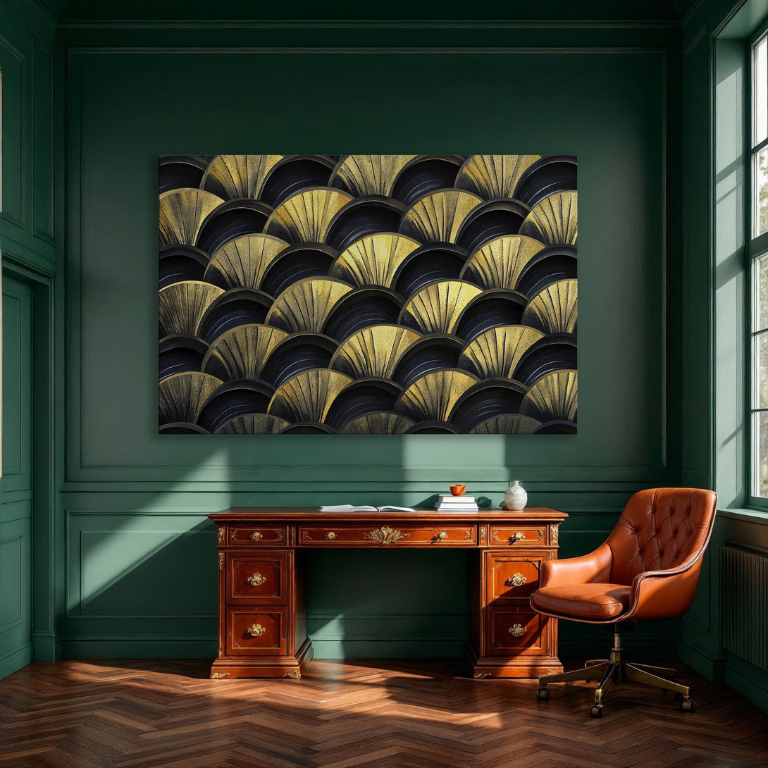Framed Wall Art featuring an Art Deco design in black and gold, adding luxury to any dining room. Elevate your space with this stunning canvas print.