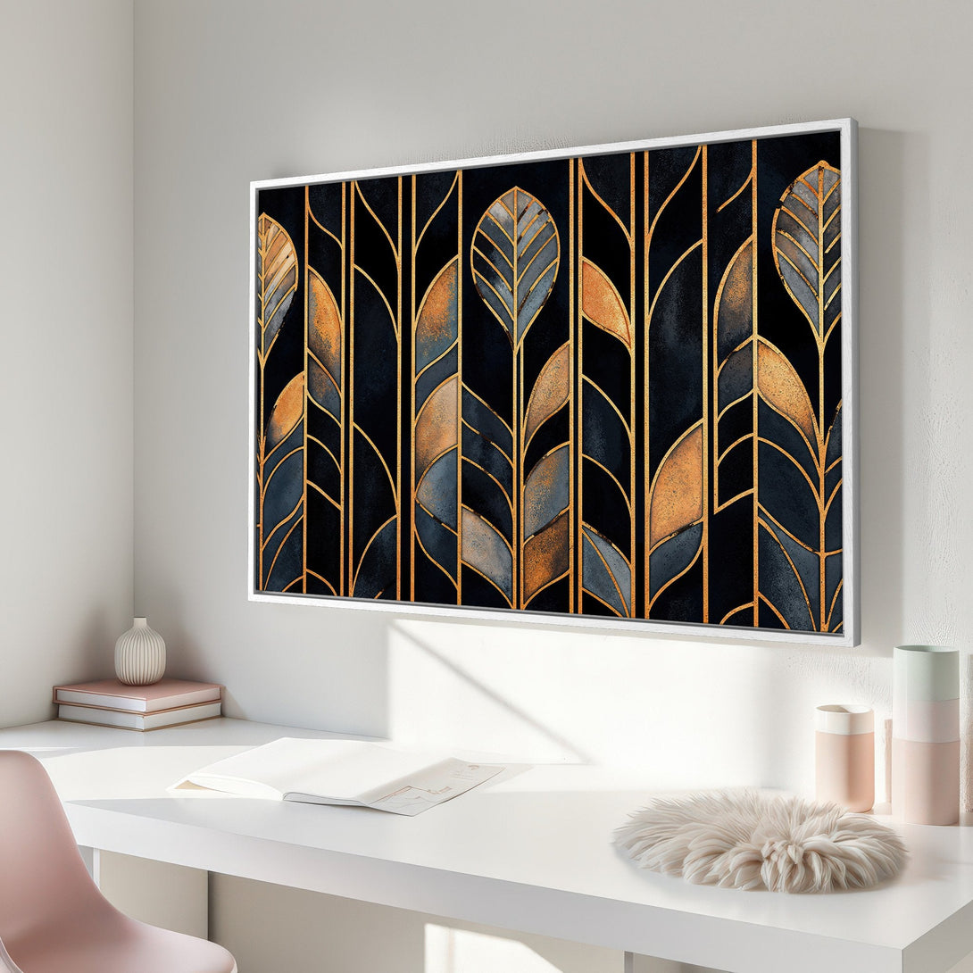 Framed Wall Art featuring an Art Deco leaf design in gold, black, and blue. Modern decor for a stylish living room.