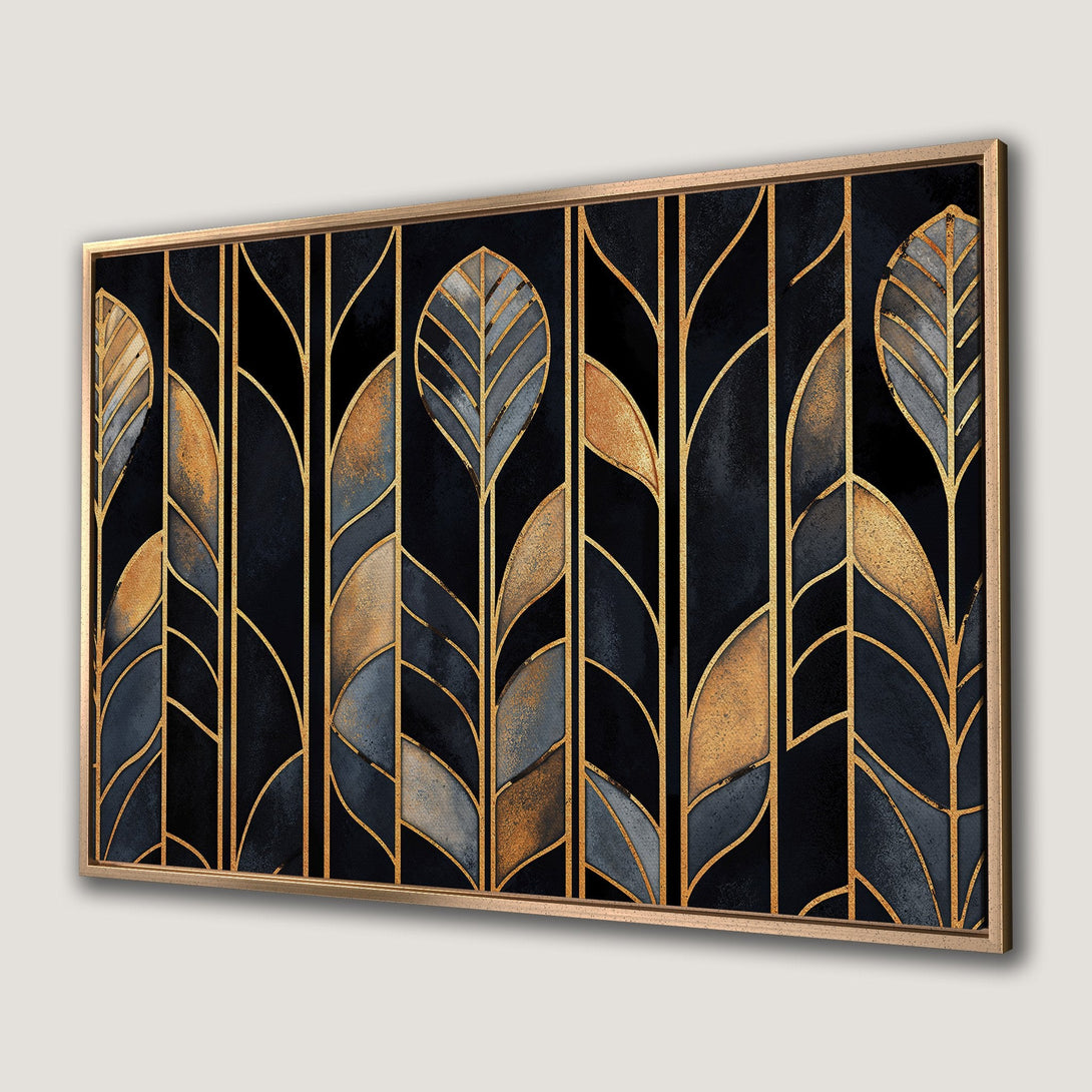 Framed Wall Art featuring art deco-style leaves in gold, black, and gray. Elegant Canvas Print for modern interior decor.