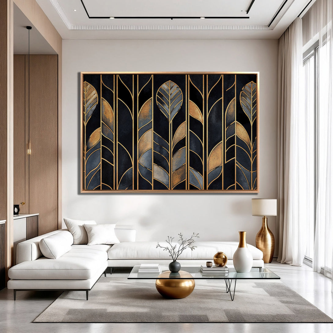 Framed Wall Art featuring an Art Deco leaf design with gold and navy accents. Modern Canvas Print adds elegance to any interior with its sophisticated style.