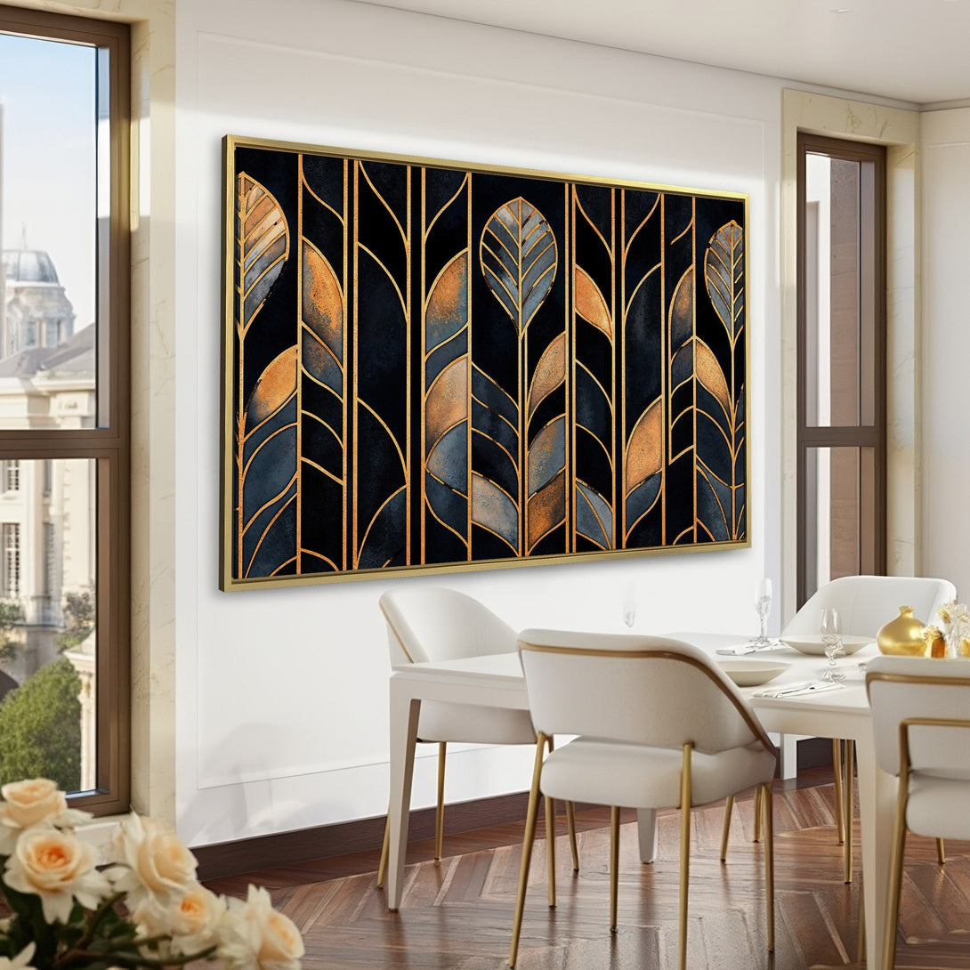Abstract Canvas Print with gold leaf design on black background. Modern art in a dark green interior. Perfect wall decor!