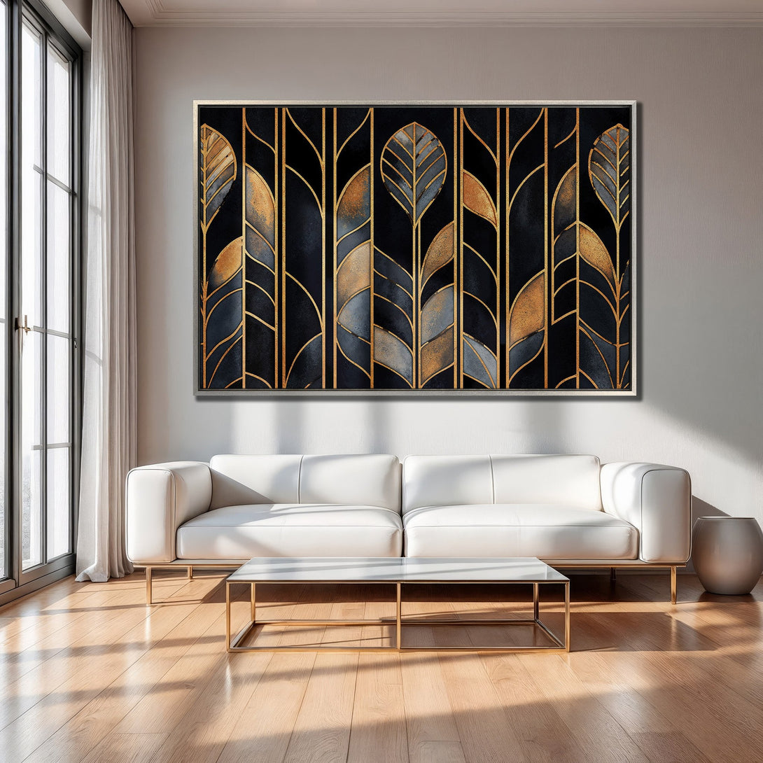 Framed Wall Art: Abstract leaf design in gold and black. Modern art deco style, perfect for living room decor.