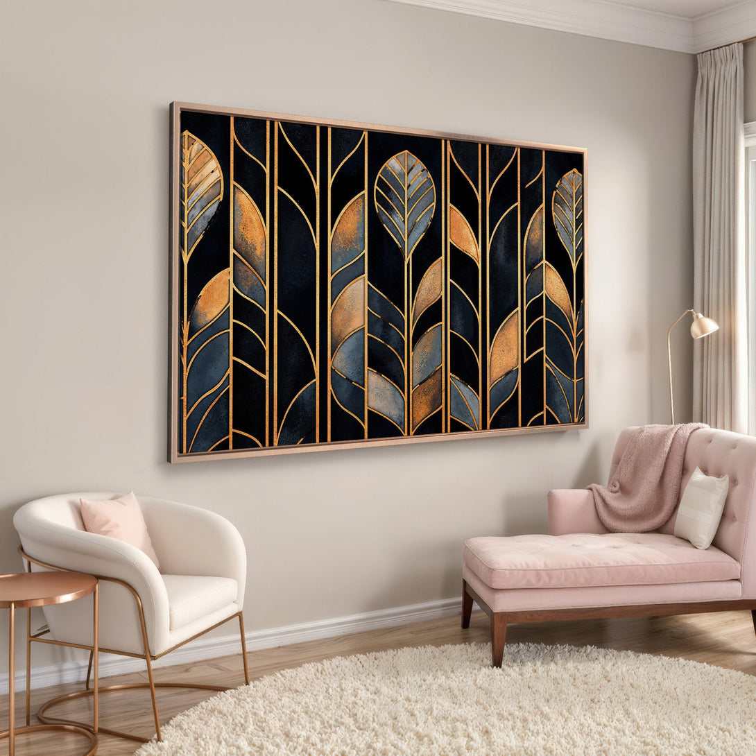 Framed Wall Art: Art Deco style Canvas Print featuring gold leaf design on a dark blue background. Perfect for adding a touch of elegance to any space.