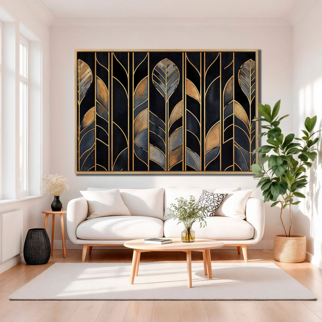 Framed Wall Art featuring a geometric leaf design in gold, black, and blue hues. Modern art print perfect for living room decor.