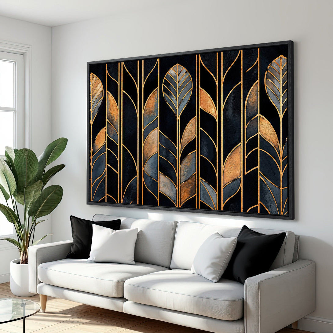 Framed Wall Art: Abstract leaf design in gold and black. Modern art canvas print adds a touch of luxury to any interior. Shop now!