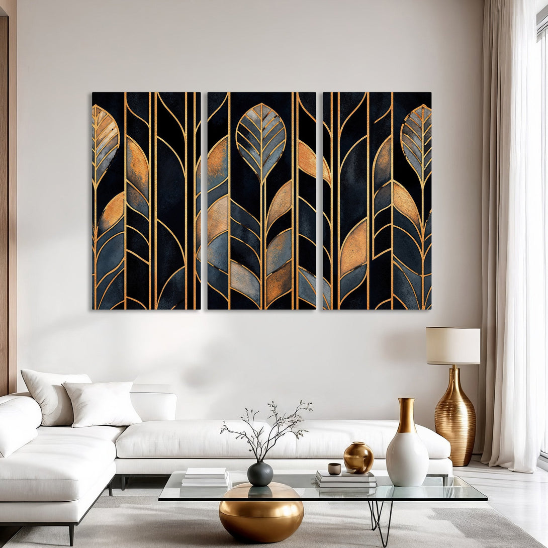 Abstract Canvas Print art with gold leaf and dark blue/black leaves, modern style, displayed in a living room.