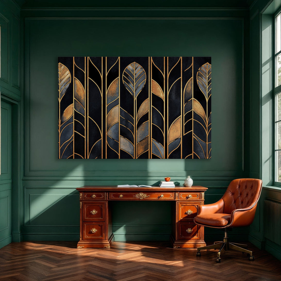 Elegant Framed Wall Art featuring abstract gold and blue leaves. Modern art for dining room decor. Canvas Print.