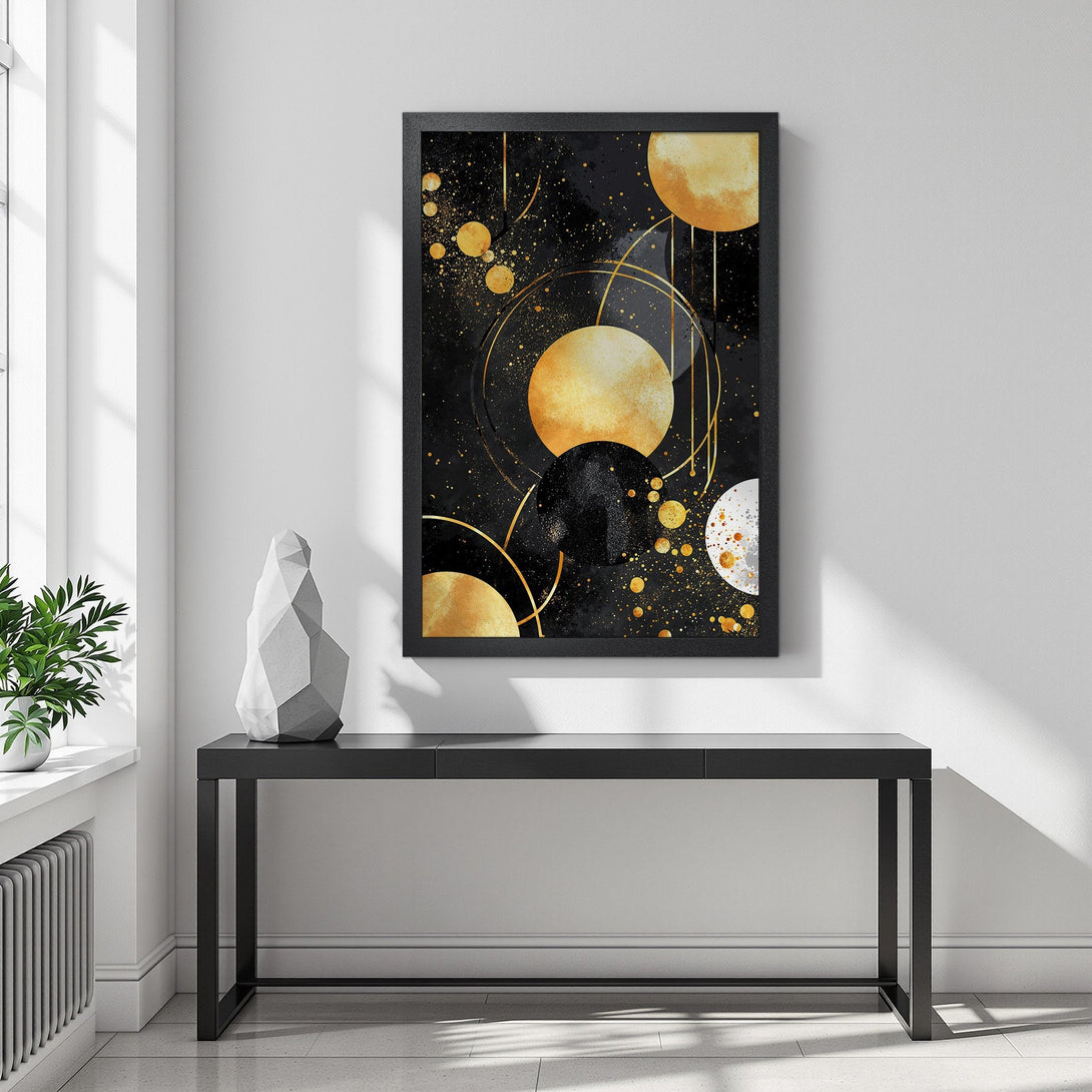 Framed Poster featuring abstract gold and black art. Modern style, elegant design, perfect for home decor.