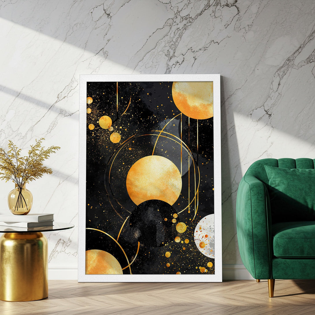 Framed Poster featuring abstract gold and black art with a modern style. Elegant decor with a luxurious color palette.
