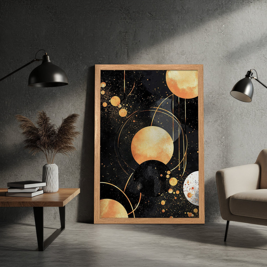 Framed Poster featuring abstract celestial art in a gold and black color palette, perfect for modern decor.