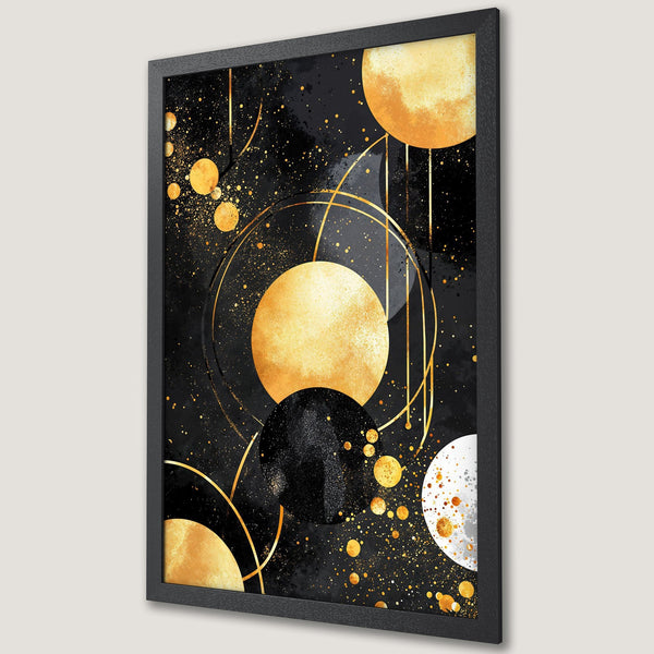 Framed Poster featuring abstract gold circles on a black background. Modern art print with a luxurious gold and black color palette.