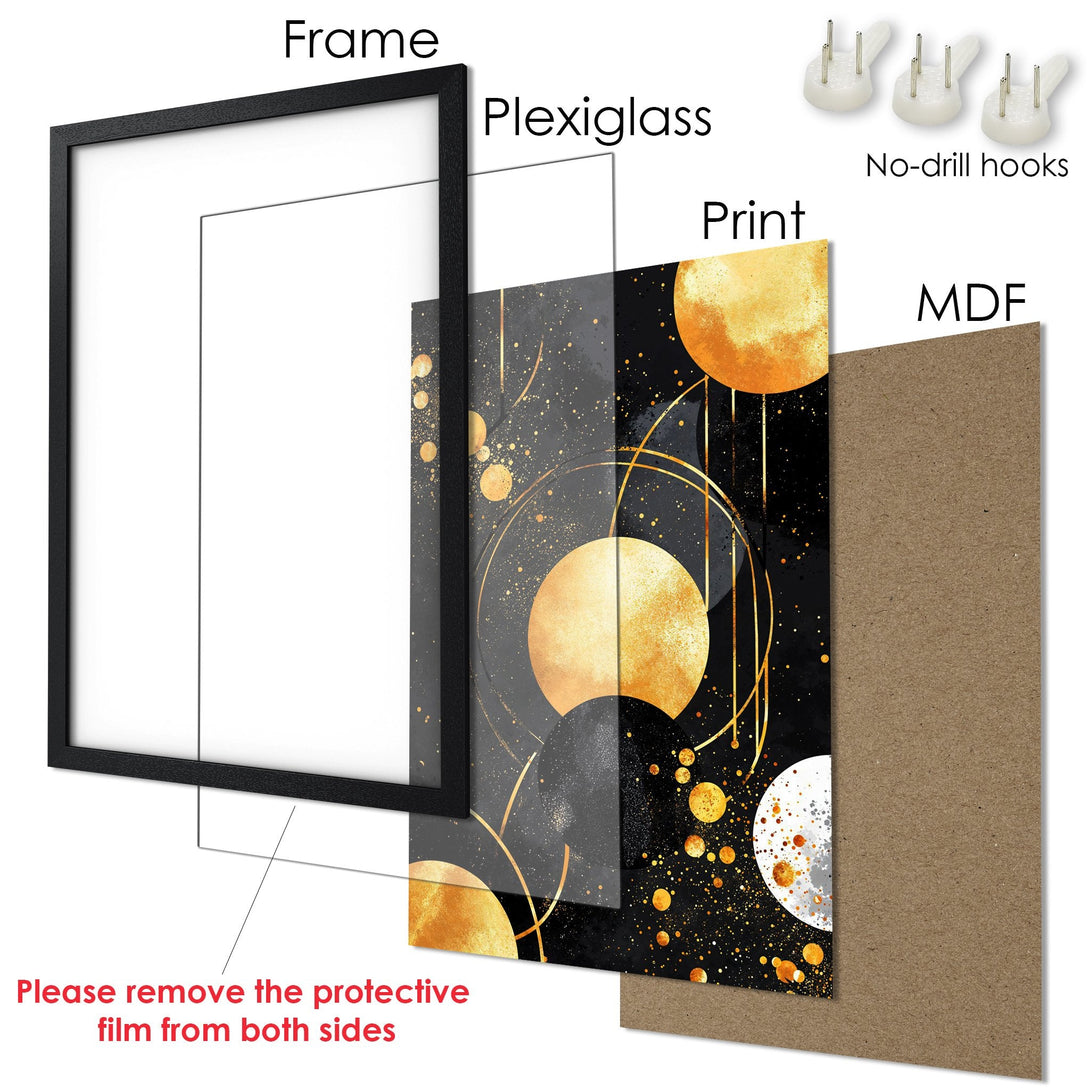 Framed Poster featuring an abstract gold and black design. Modern art print with a sophisticated color palette. Ready to hang!