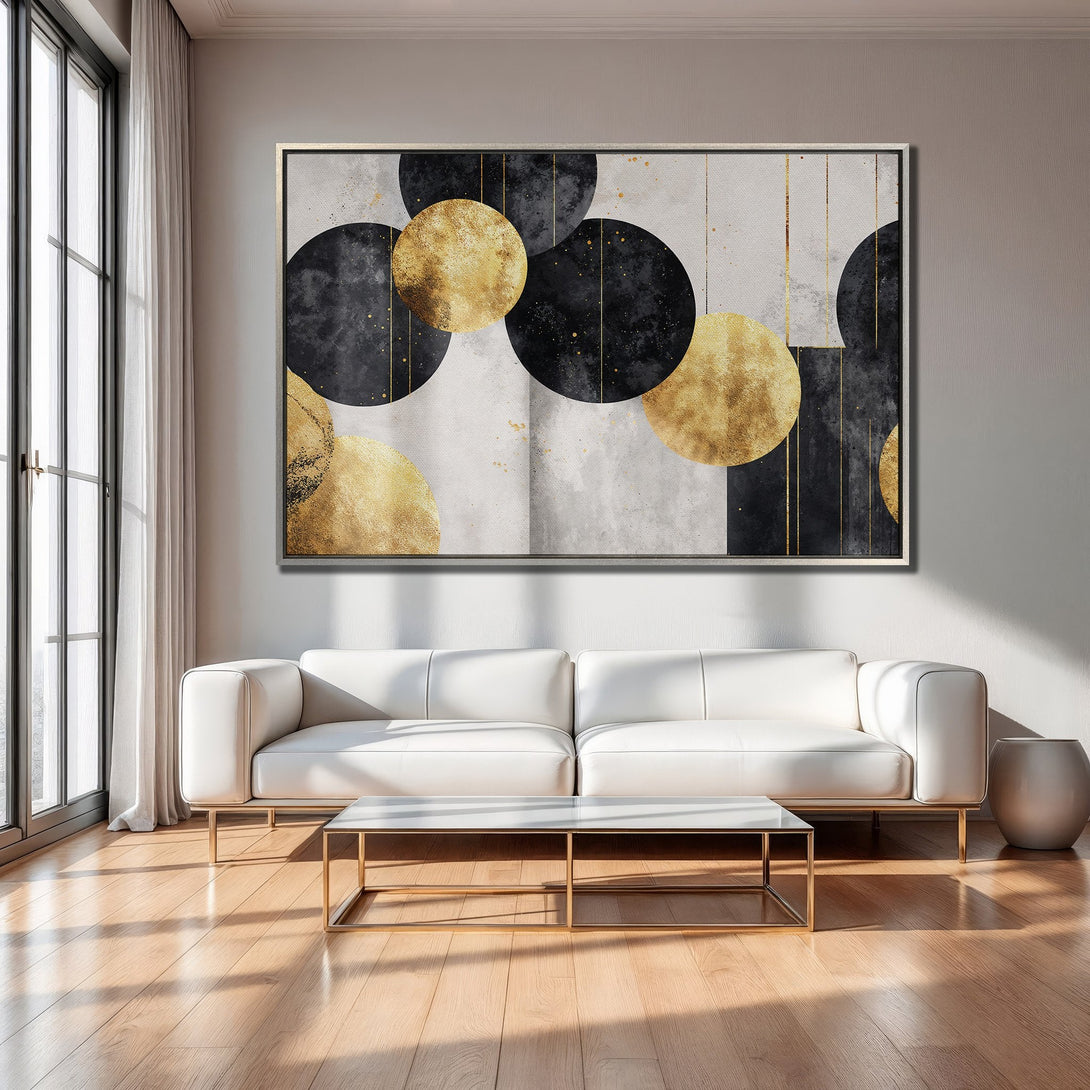Framed Wall Art: Abstract gold and black circle design. Modern art print for living room decor. Neutral color palette.