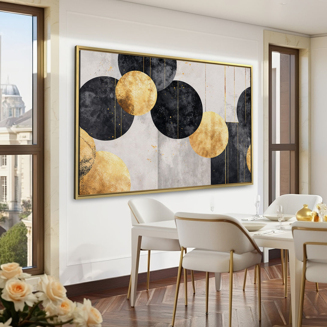 Abstract Canvas Print with gold and black circles, displayed in a stylish green interior. Modern wall art for a sophisticated space.