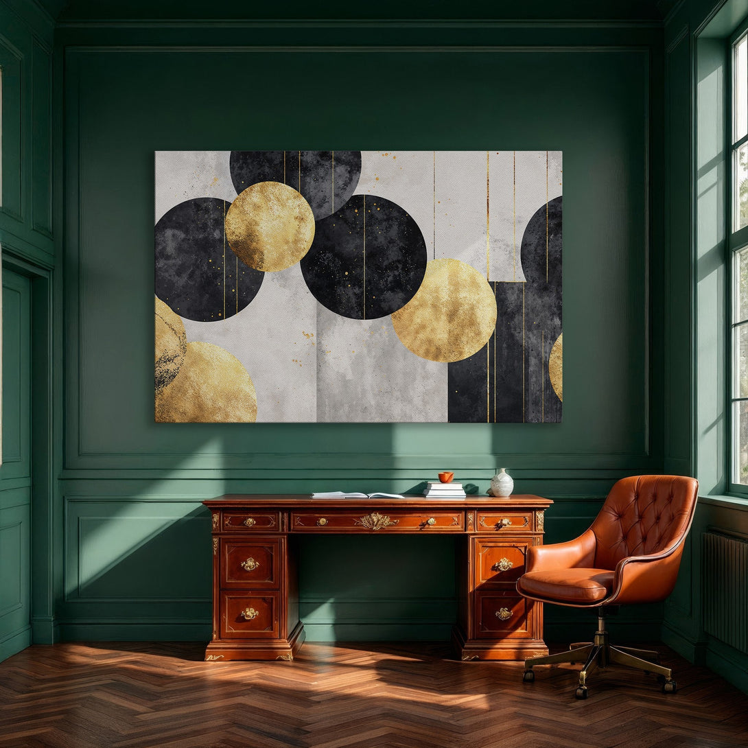 Framed Wall Art: Abstract gold and black circles canvas print in a modern dining room. Adds a touch of elegance and style.