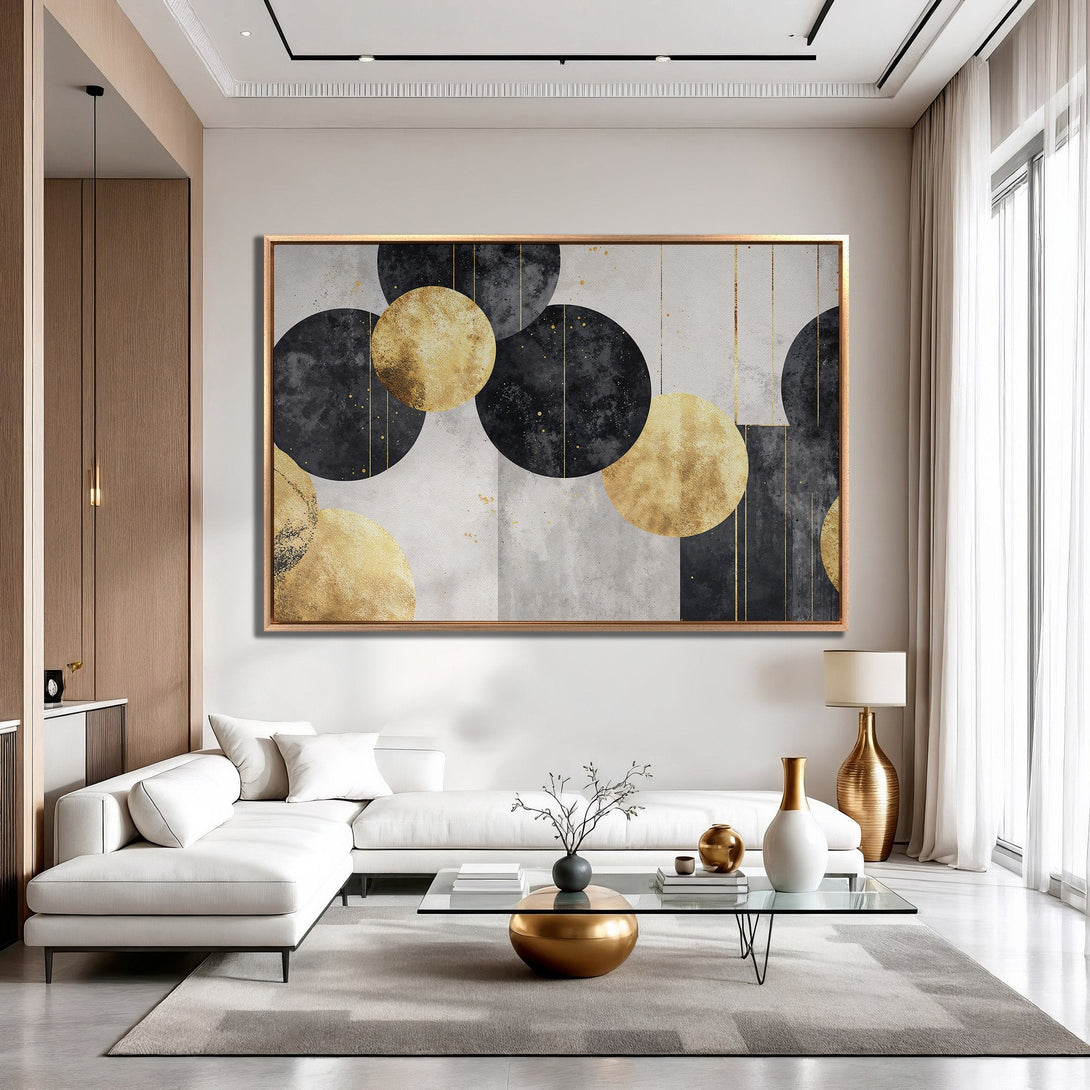 Framed Wall Art: Abstract gold and black circle design. Modern art print with neutral tones, perfect for living room decor.