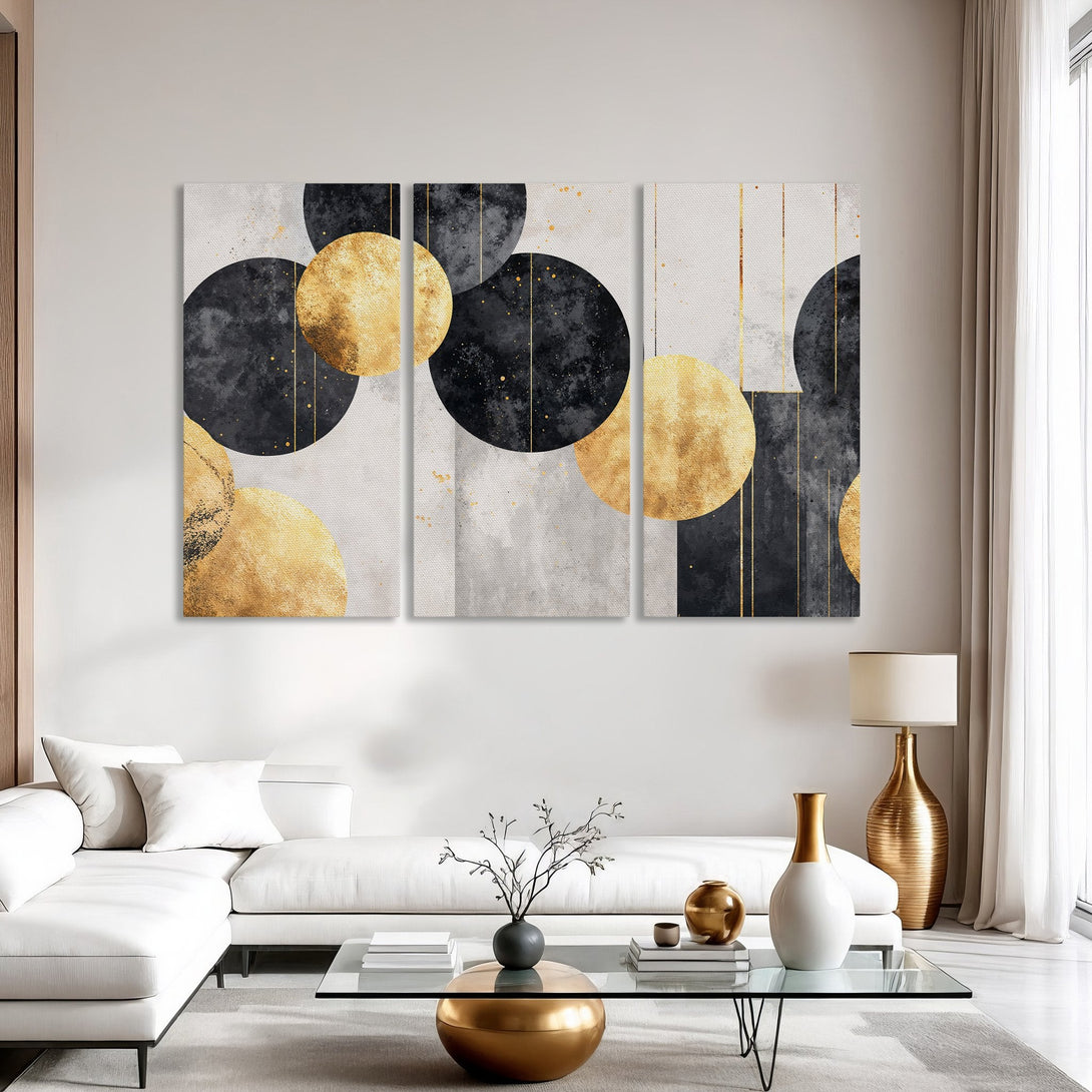 Abstract Canvas Print art featuring gold and black circles. Modern wall decor in a neutral color palette. Perfect for living room or bedroom.