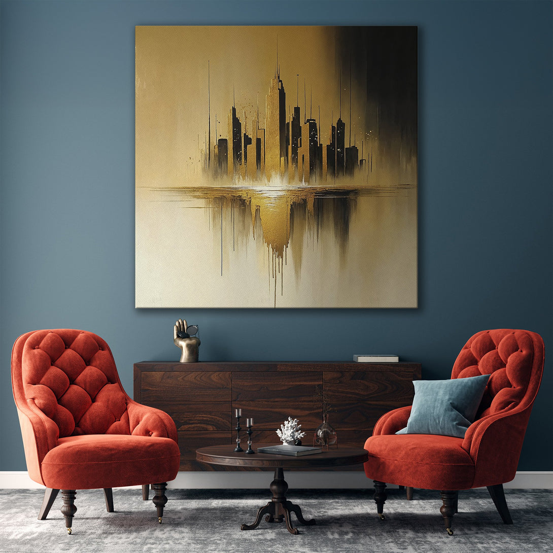 Framed Wall Art: Abstract cityscape Canvas Print in gold and black. Modern art with a warm, neutral color palette. Perfect for living room decor.
