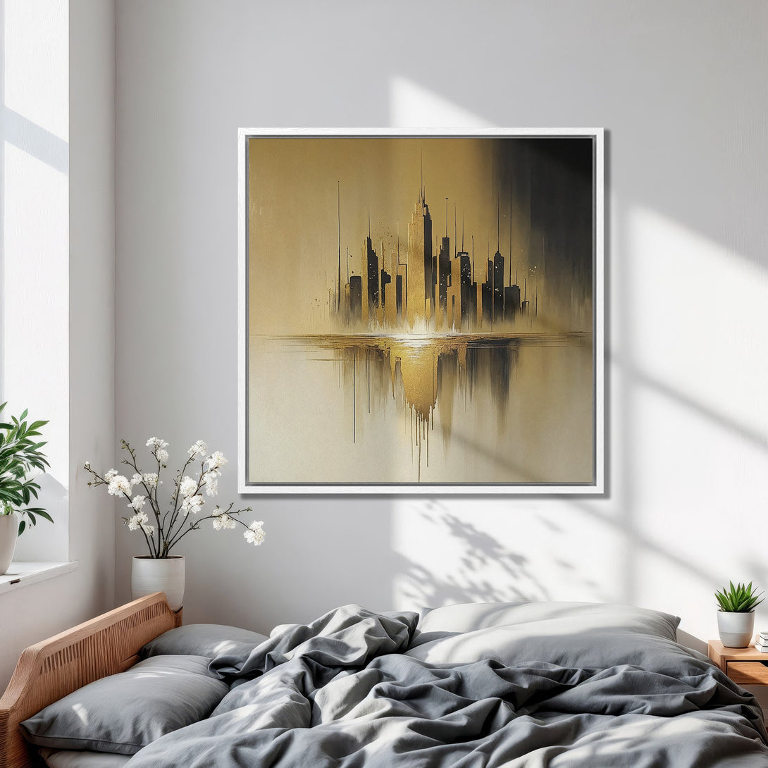 Framed Wall Art: Abstract cityscape Canvas Print in gold and black, modern style, perfect for bedroom decor.