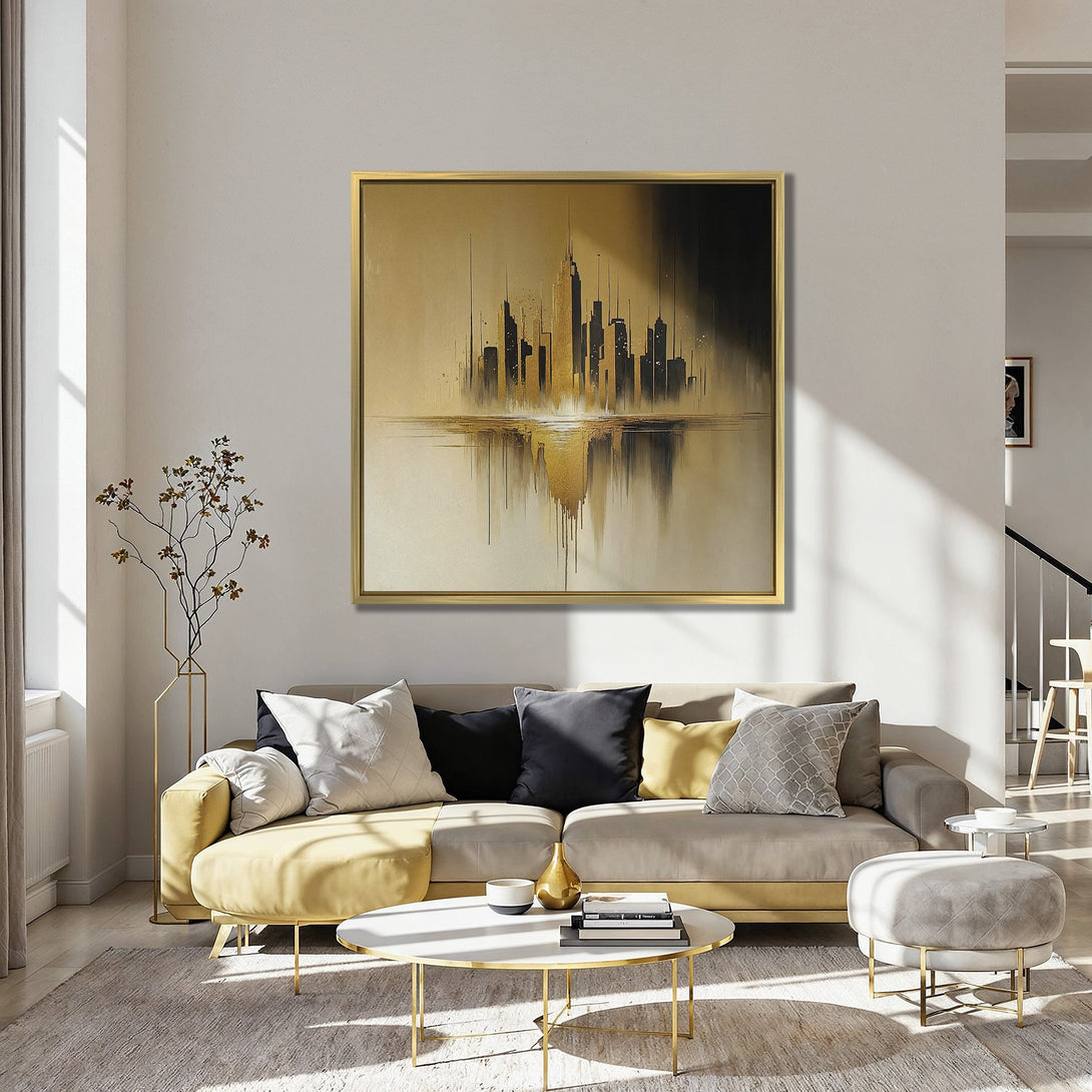 Canvas Print of a golden cityscape art, abstract style, displayed in a modern interior with red chairs and a blue wall.