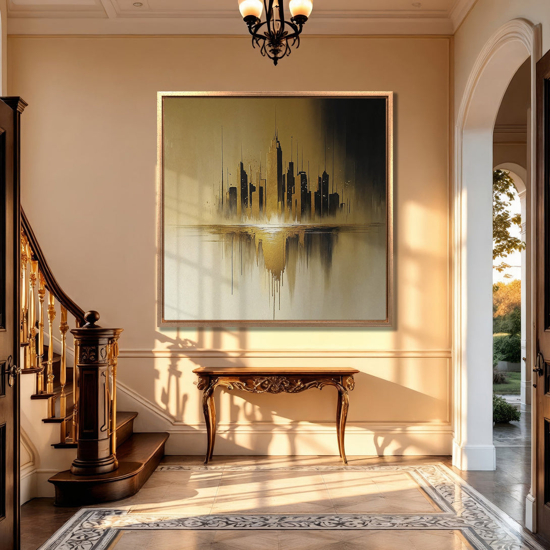 Framed Wall Art: Abstract cityscape canvas print in gold and black hues. Modern art adds elegance to any interior. Shop now for stunning wall decor!
