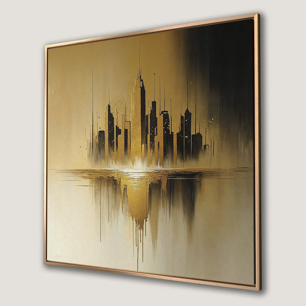 Framed Wall Art: Abstract cityscape Canvas Print in gold and black. Modern art style, perfect for adding a touch of elegance to your home decor.