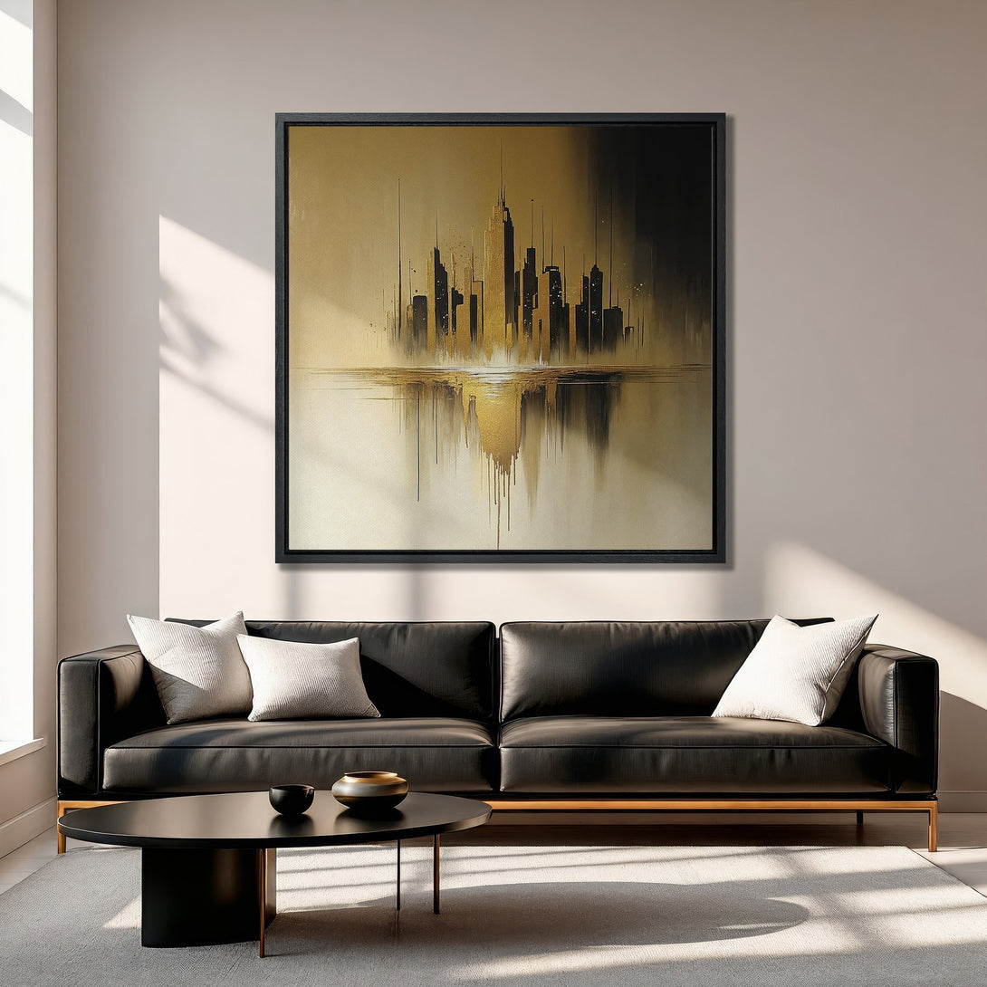 Framed Wall Art: Abstract gold cityscape canvas print. Modern art with black frame, perfect for living room decor. Neutral color palette.