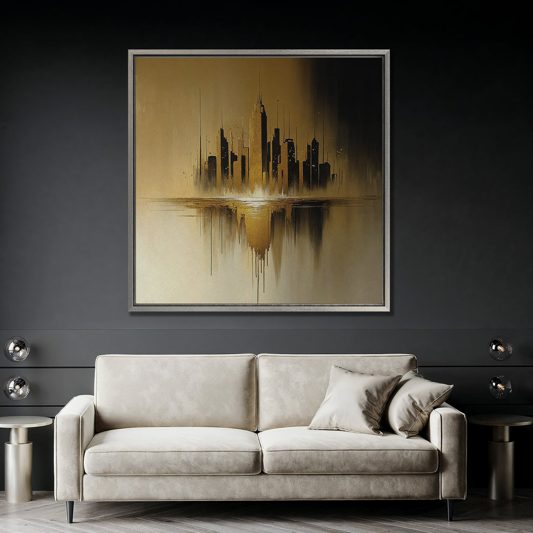 Framed Wall Art featuring an abstract cityscape in gold and black tones. Modern art canvas print displayed in a stylish interior with a neutral color palette.