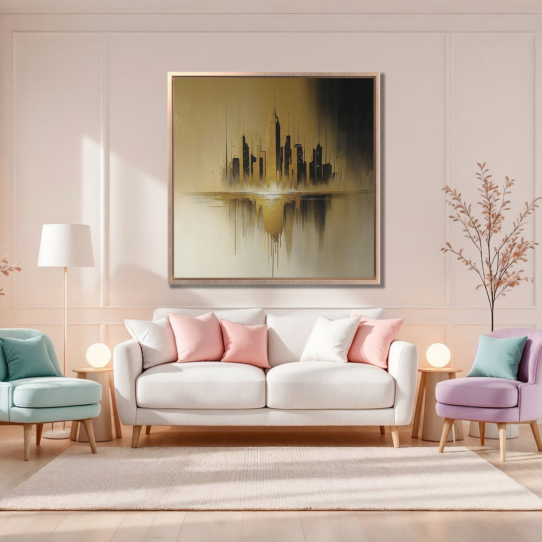 Framed Wall Art: Abstract cityscape canvas print in gold and black, displayed in a modern living room with a soft, neutral color palette.