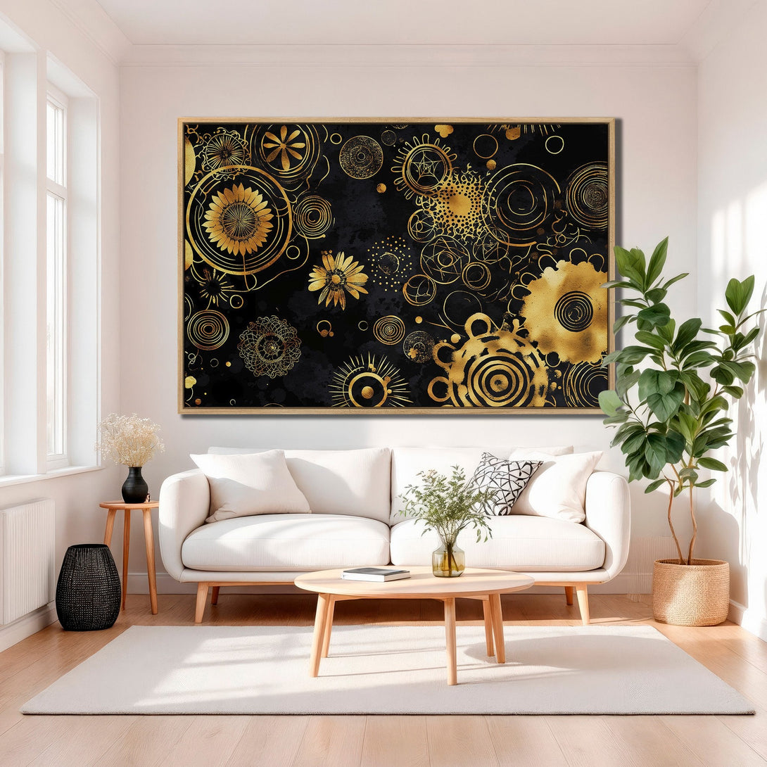 Framed Wall Art: Abstract gold floral design on black canvas. Modern art piece with a luxurious gold and black color palette, perfect home decor.