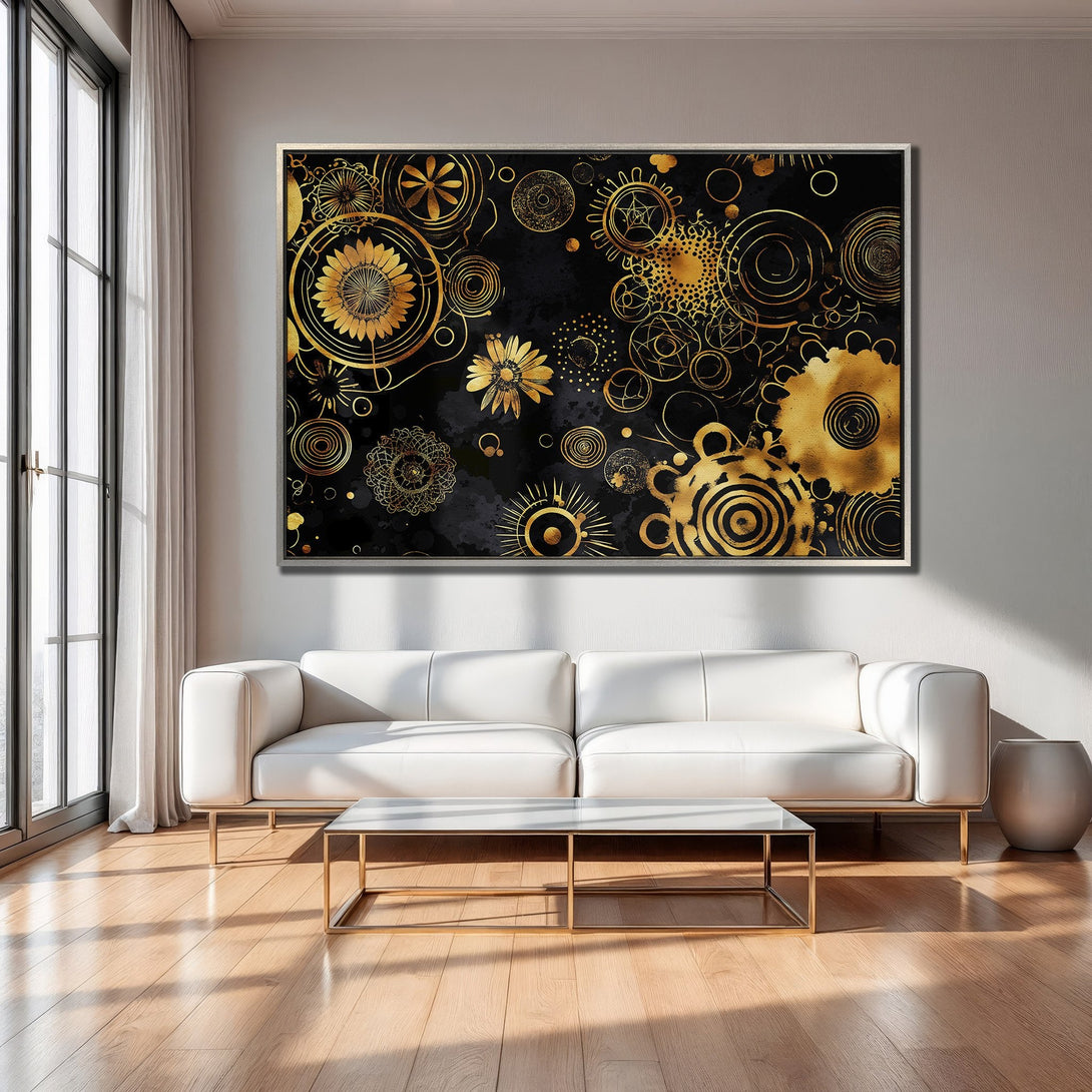 Framed Wall Art: Abstract gold floral design on black canvas. Modern art piece with a luxurious gold and black color palette. Perfect for any interior.