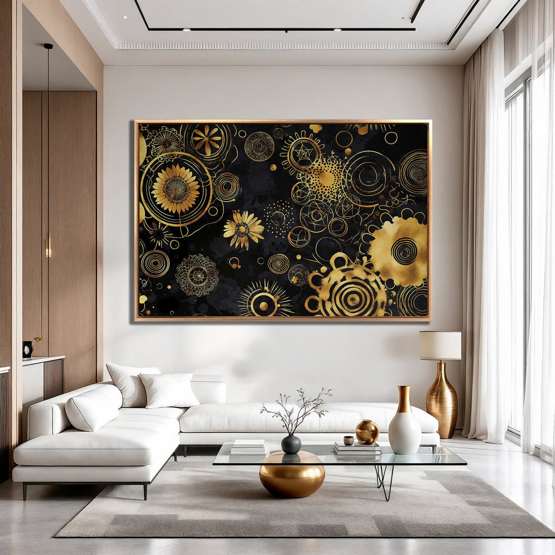 Framed Wall Art: Abstract gold floral design on black canvas. Modern art for living room decor. Gold and black color palette.