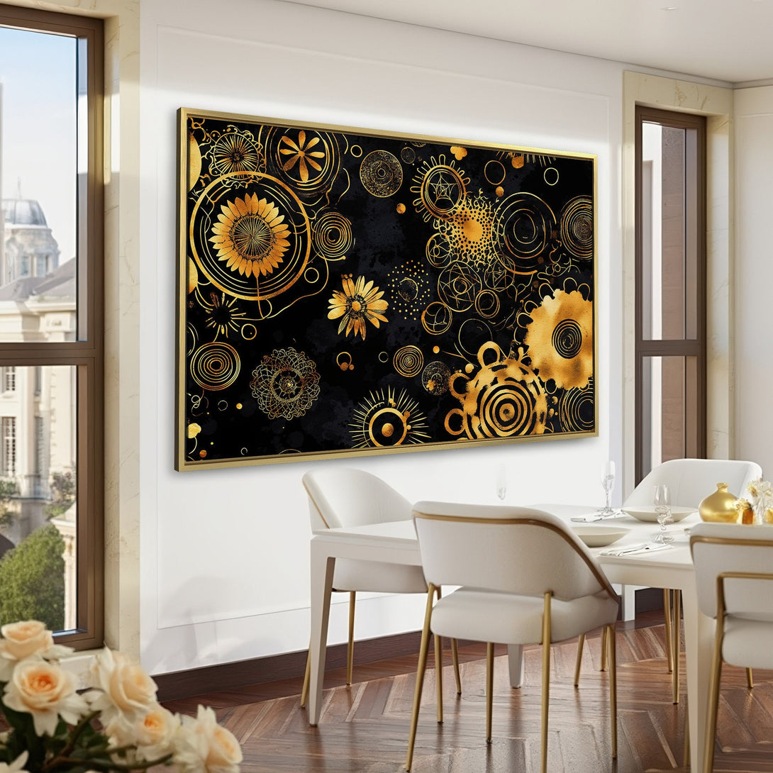 Canvas Print: Abstract gold floral art on black background. Modern wall decor in a luxurious interior with green walls.