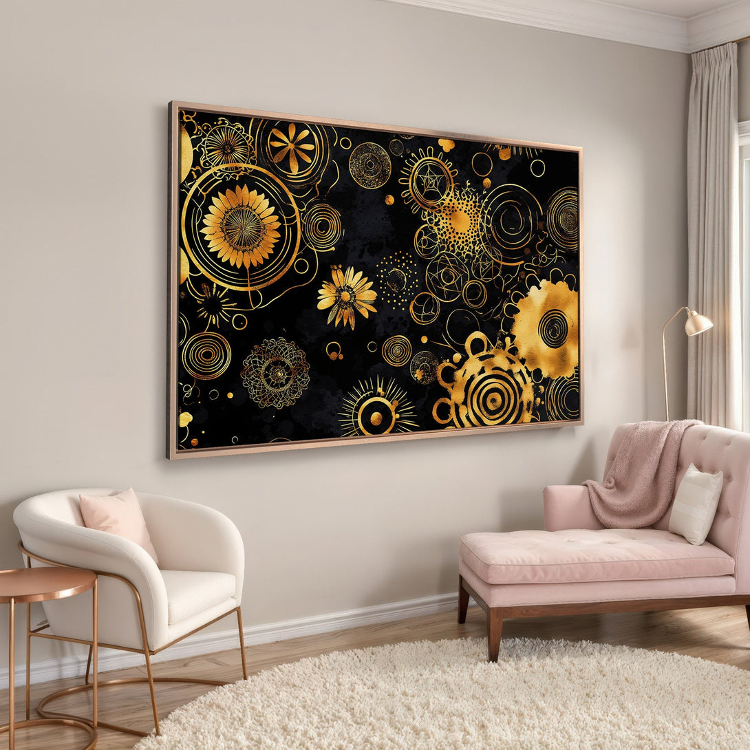 Framed Wall Art: Abstract gold floral design on black canvas. Modern art with a luxurious gold and black color palette, perfect for home decor.