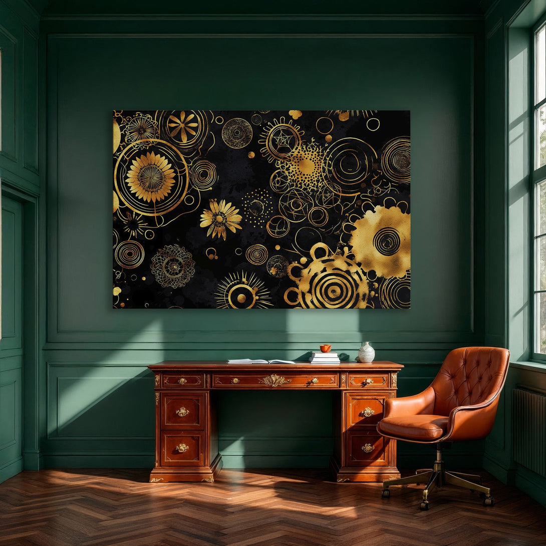 Framed Wall Art: Abstract gold floral design on black canvas. Modern art piece adds elegance to dining room with gold and white accents.