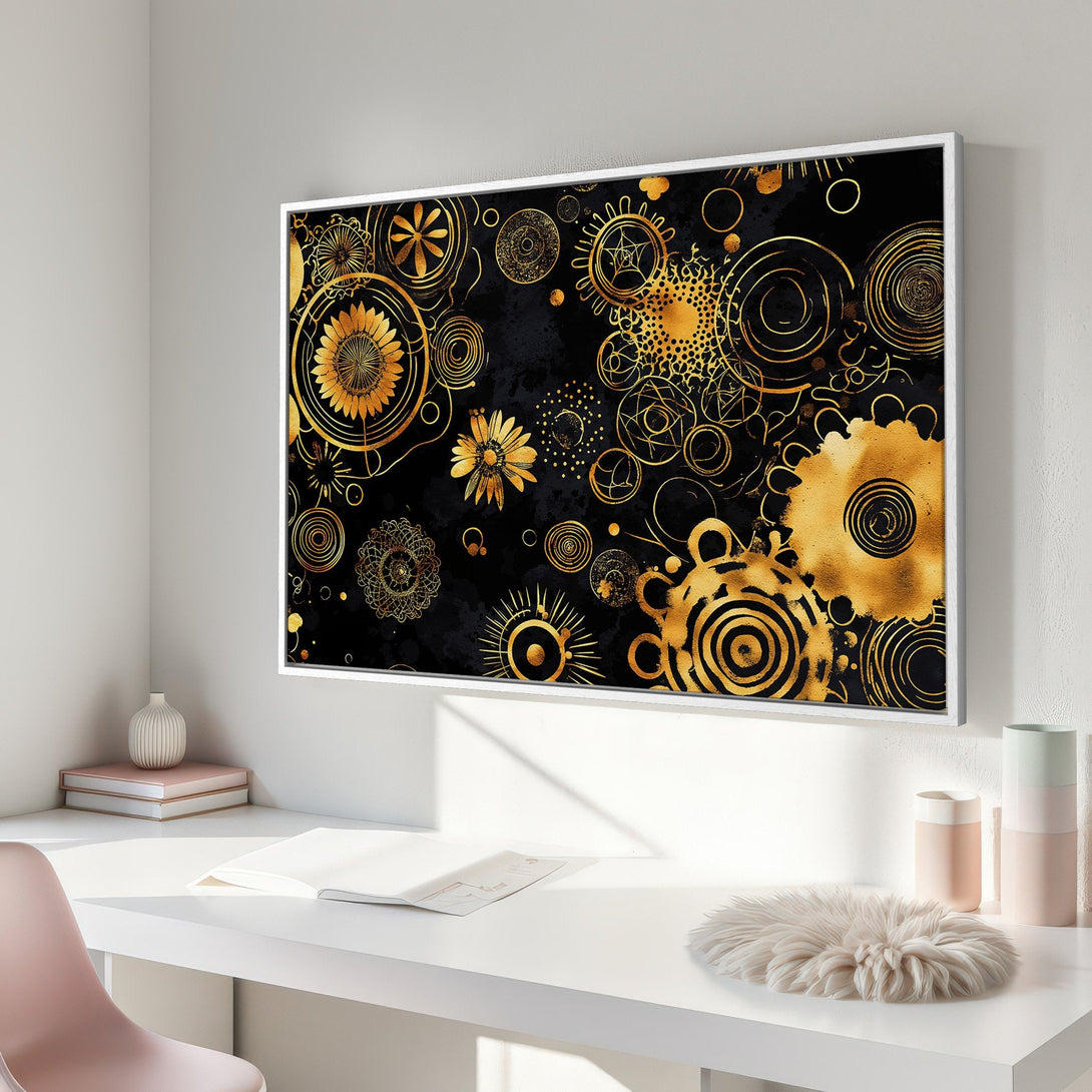 Framed Wall Art Canvas Print featuring a modern, abstract floral design in gold on a black background. Perfect for adding a touch of elegance!