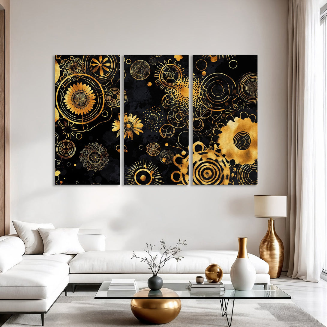 Canvas Print featuring abstract gold floral art on black background, modern style, perfect for living room decor.